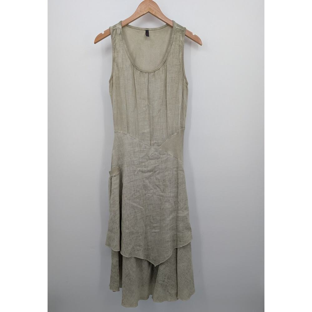 Inizio Italy Dress Medium Linen Mixed Media Lagenlook Tan Pockets Textured